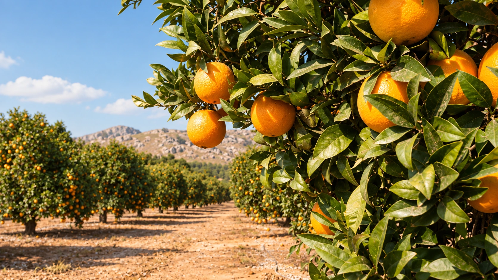 Vue illustrative d’un verger d’agrumes ensoleillé, avec des oranges au premier plan